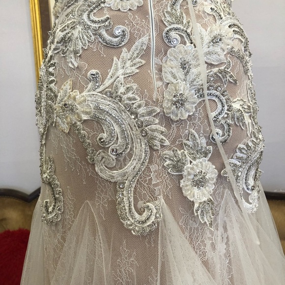 Terani couture wedding halter lace flower embellished wedding gown nude size XS - Picture 11 of 12